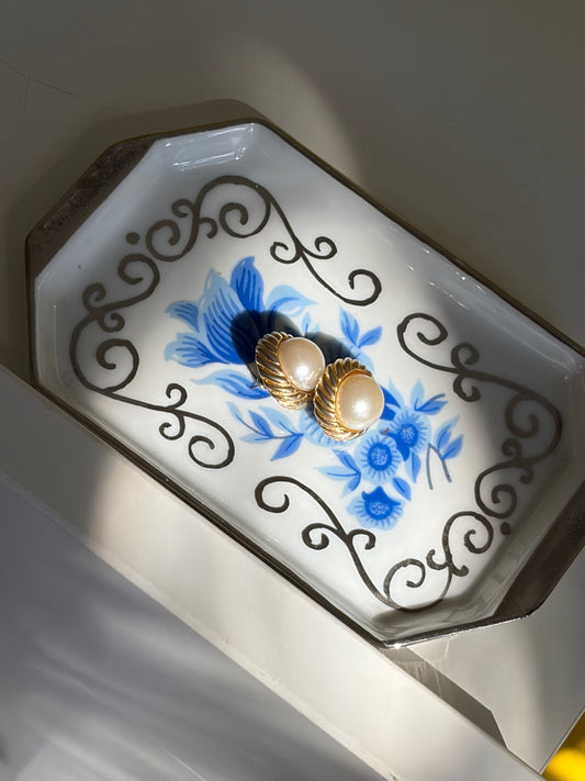 PETIT VIDE-POCHE PORCELAINE OCTOGONAL FLEURS BLEUES & OR | VINTAGE