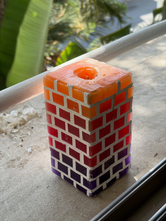 BOUGEOIR CARRÉ MOSAÏQUE VERRE ORANGE ROUGE VIOLET 🕯️