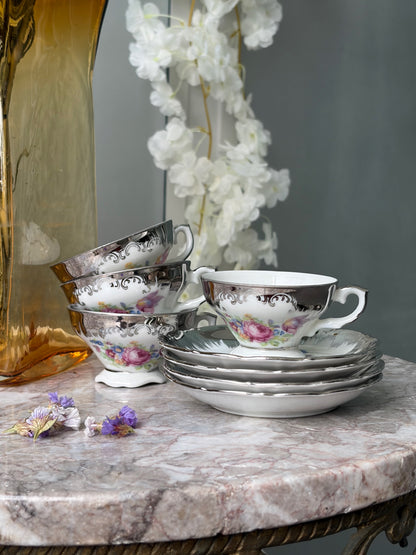 SET TASSES & SOUS-TASSES VINTAGE | ROSES ARGENTÉES