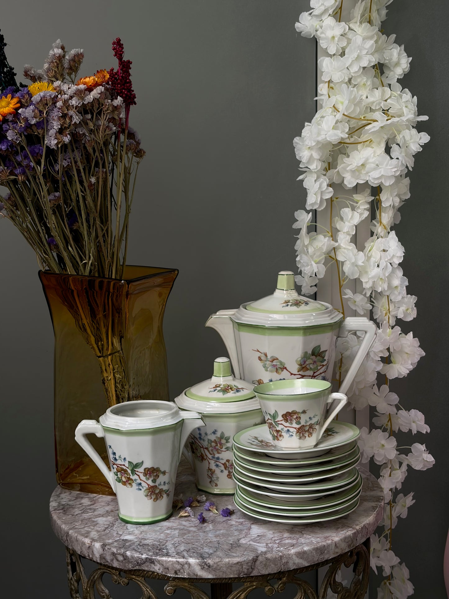 SERVICE À CAFÉ VINTAGE | LISERÉ VERT & FLEURS DE POMMIER