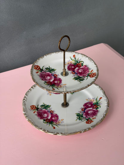 PRÉSENTOIR 2 ÉTAGES VINTAGE | ROSES POURPRES 🌸🍰