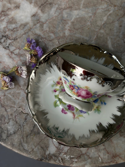 SET TASSES & SOUS-TASSES VINTAGE | ROSES ARGENTÉES