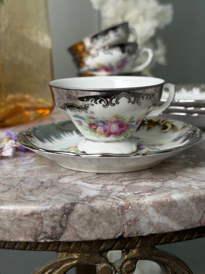 SET TASSES & SOUS-TASSES VINTAGE | ROSES ARGENTÉES
