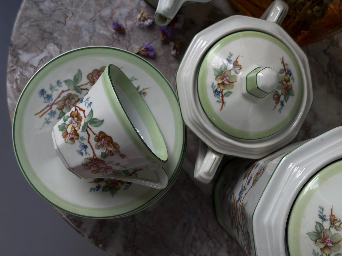 SERVICE À CAFÉ VINTAGE | LISERÉ VERT & FLEURS DE POMMIER