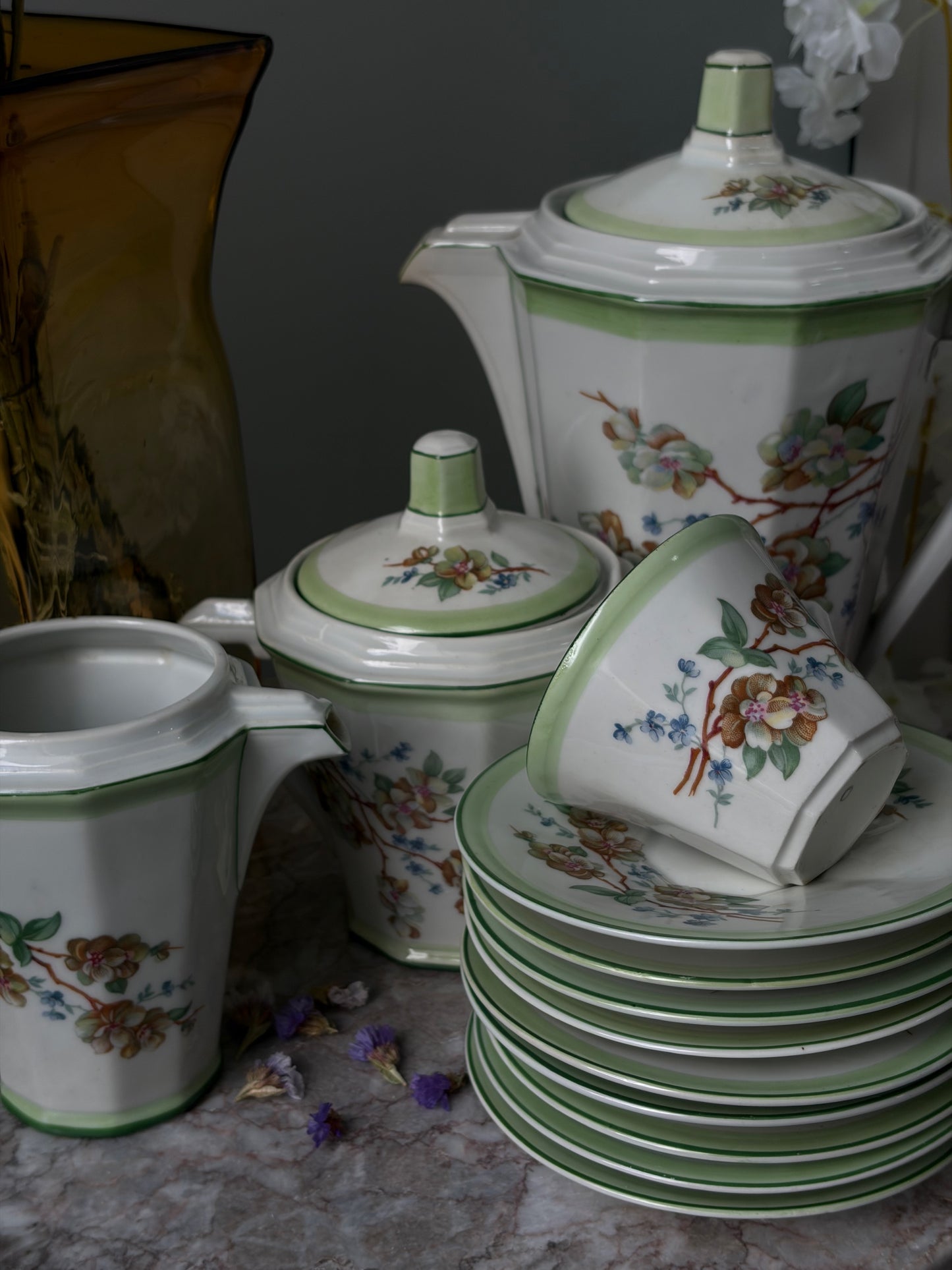 SERVICE À CAFÉ VINTAGE | LISERÉ VERT & FLEURS DE POMMIER