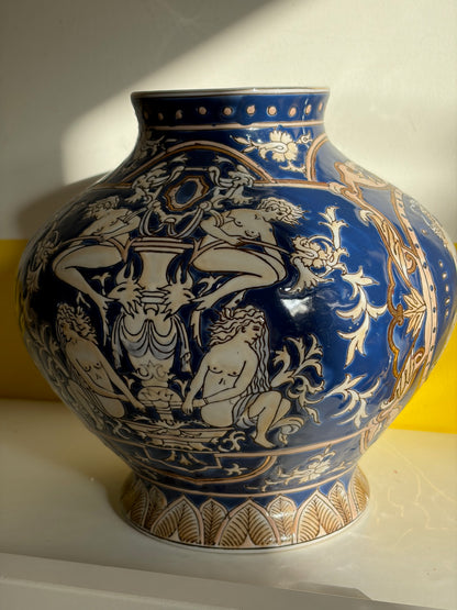 VASE AMPHORE VINTAGE | SCÈNE MYTHOLOGIQUE BLEUE 🏺💙