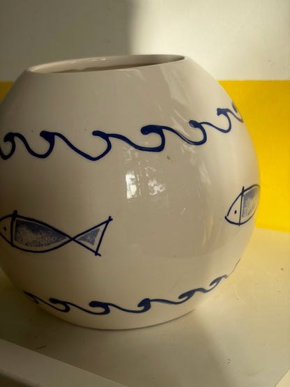 VASE VINTAGE ROND | POISSONS & VAGUES BLEUES 🌊