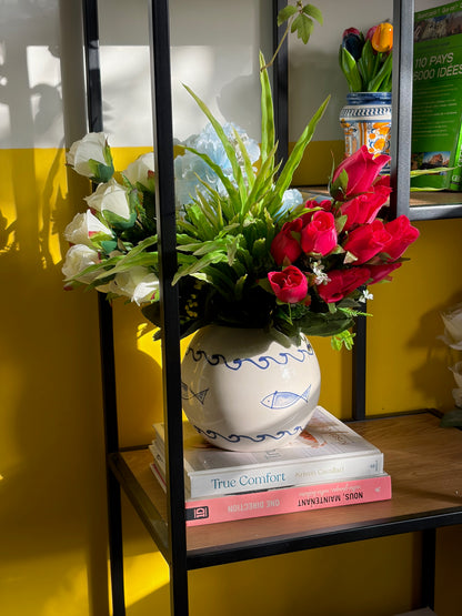 VASE VINTAGE ROND | POISSONS & VAGUES BLEUES 🌊