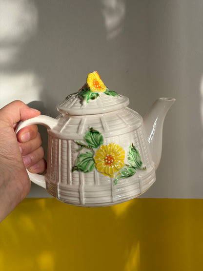 THÉIÈRE VINTAGE EN CÉRAMIQUE | PANIER FLEURI & OISEAU BLEU 🐦🌻