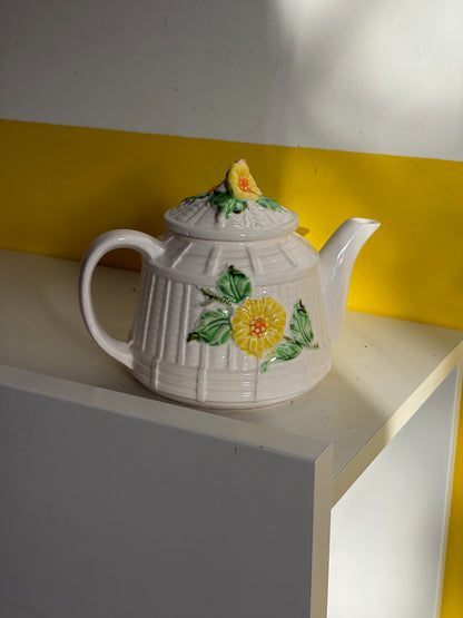 THÉIÈRE VINTAGE EN CÉRAMIQUE | PANIER FLEURI & OISEAU BLEU 🐦🌻