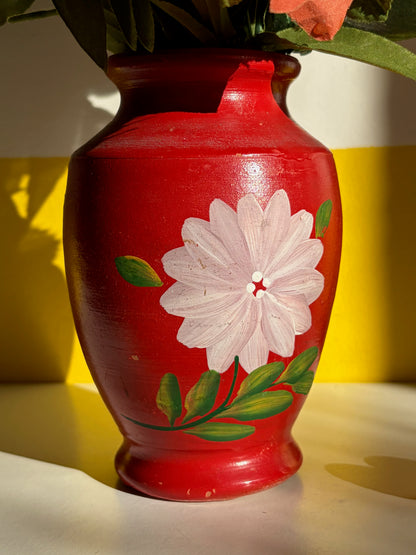 VASE ARGILE ROUGE PEINT | FLEUR BLANCHE