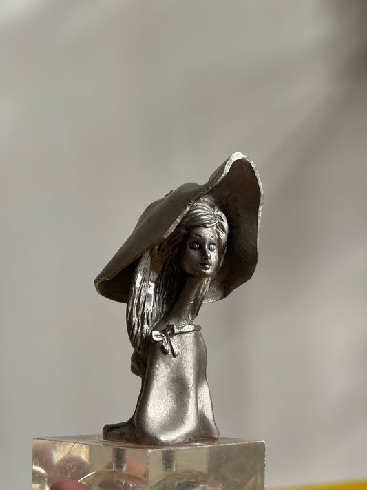FIGURINE BUSTE FEMME AU CHAPEAU MÉTAL ARGENTÉ | VINTAGE