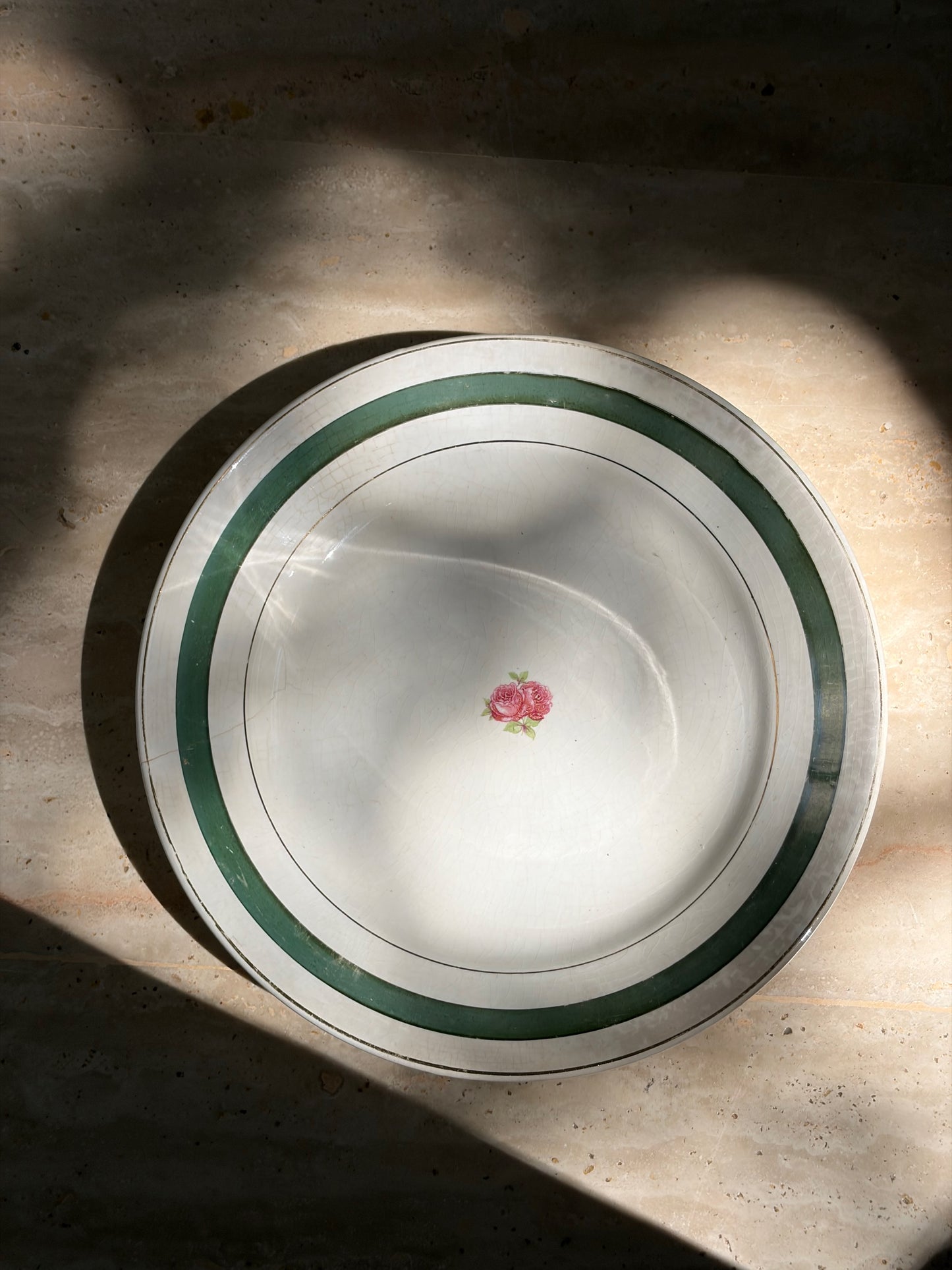 ASSIETTE CREUSE BLANCHE BANDE VERTE & ROSE | VINTAGE
