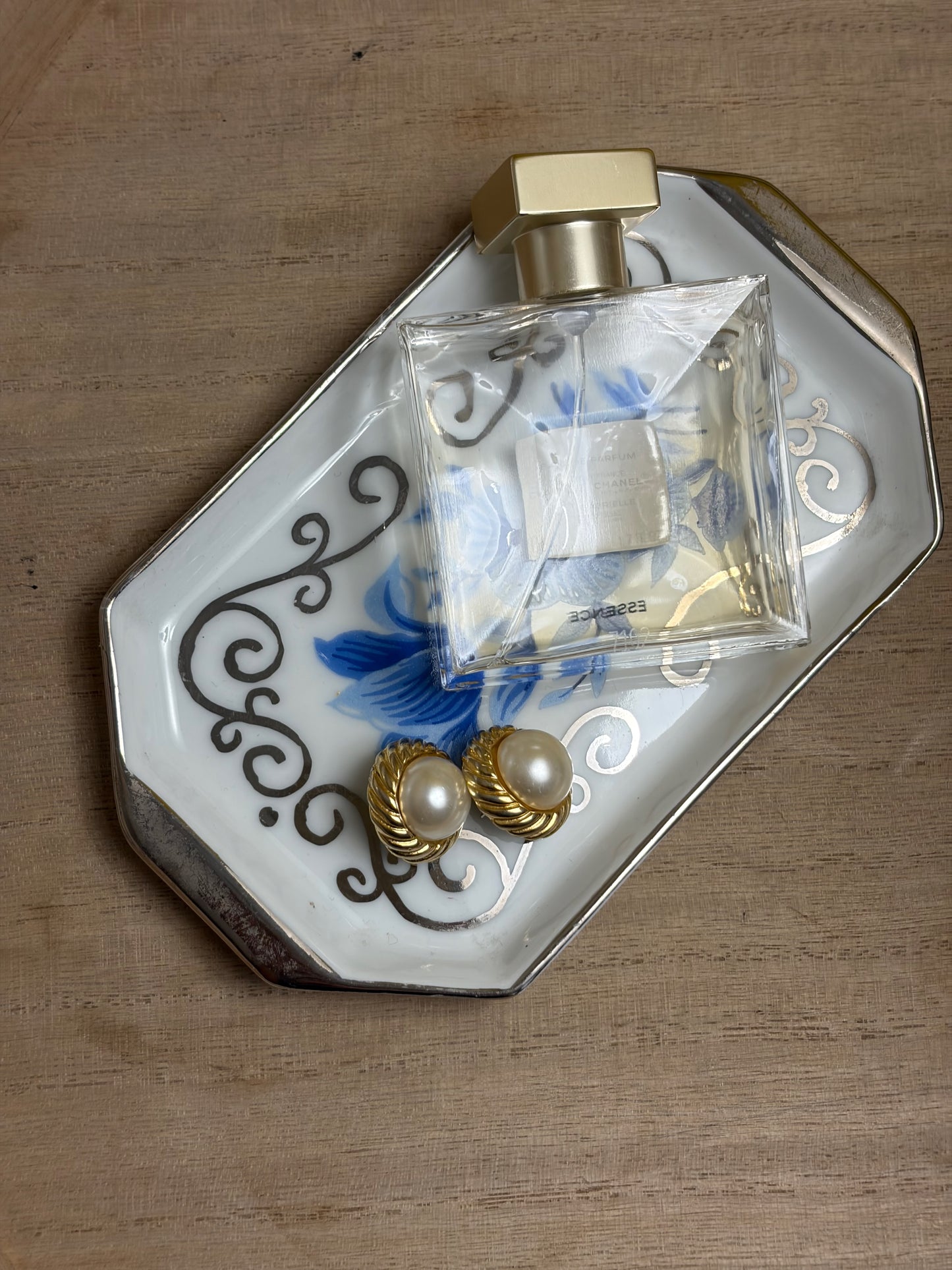 PETIT VIDE-POCHE PORCELAINE OCTOGONAL FLEURS BLEUES & OR | VINTAGE