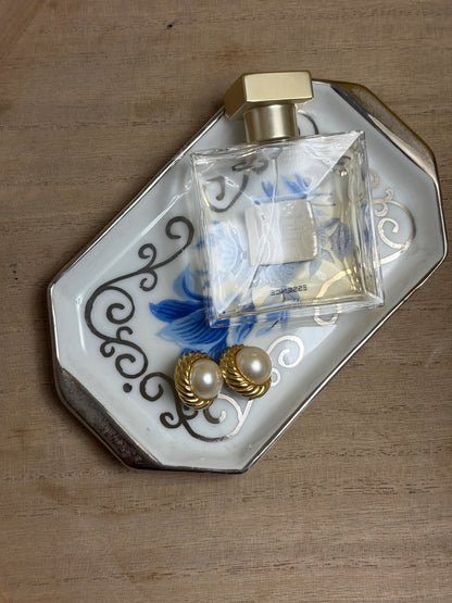PETIT VIDE-POCHE PORCELAINE OCTOGONAL FLEURS BLEUES & OR | VINTAGE