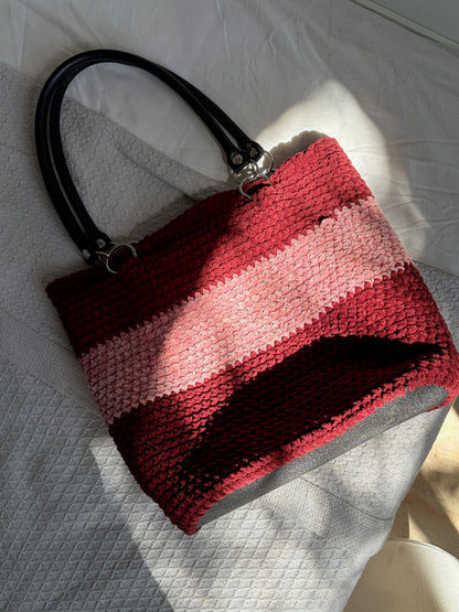 SAC TOTE CROCHET VELOURS BORDEAUX & ROSE 🍒🩷
