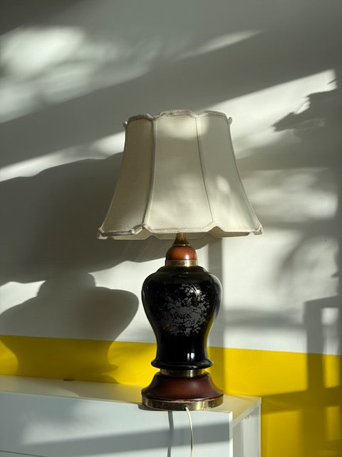 LAMPE POTICHE NOIRE ABAT-JOUR FESTONNÉ VINTAGE 🖤