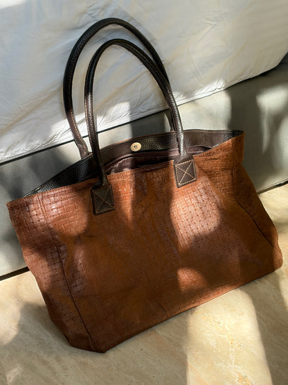 GRAND CABAS CUIR VELOURS BRUN TRESSÉ | VINTAGE