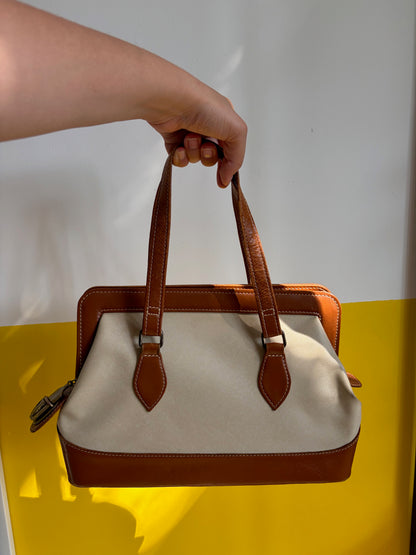 SAC RIGIDE TOILE ÉCRUE & CUIR CAMEL SERRURE LAITON