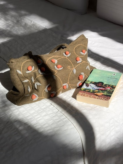 SAC BRODÉ FLEURS KAKI