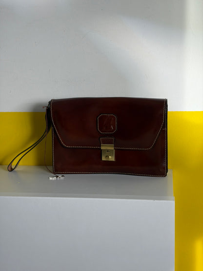 POCHETTE CLUTCH CUIR MARRON BORDEAUX FERMOIR DORÉ | VINTAGE 👜🤎