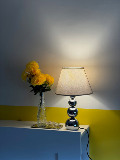 LAMPE DE TABLE CHROME TRIPLE SPHÈRE ABAT-JOUR LIN | VINTAGE
