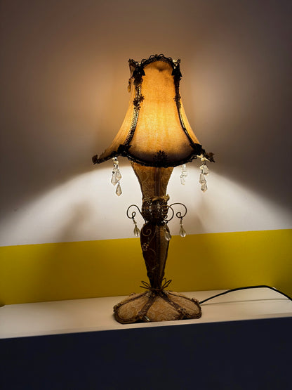 LAMPE DE TABLE LA FÉÉRIQUE TISSU CHAMPAGNE PENDELOQUES CRISTAL | VINTAGE ✨🕯️