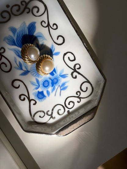 PETIT VIDE-POCHE PORCELAINE OCTOGONAL FLEURS BLEUES & OR | VINTAGE