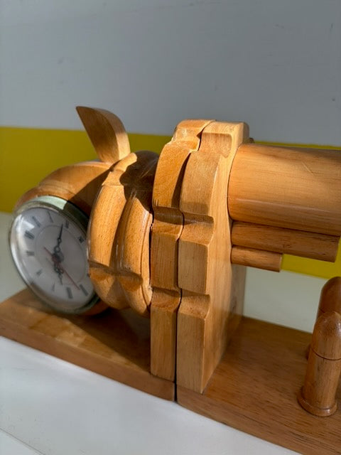 SERRE-LIVRES REVOLVER HORLOGE BOIS VINTAGE ⏰