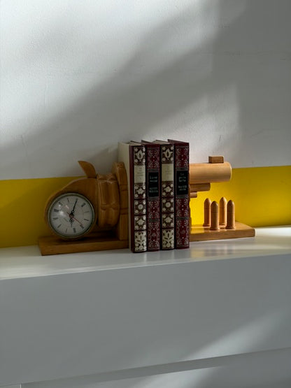 SERRE-LIVRES REVOLVER HORLOGE BOIS VINTAGE ⏰