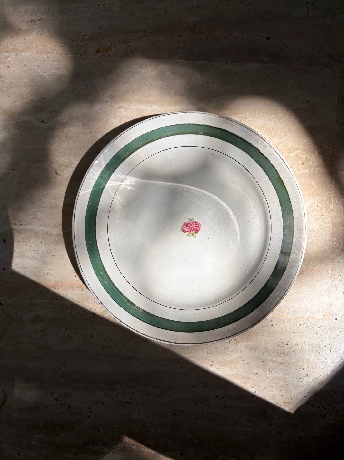 ASSIETTE CREUSE BLANCHE BANDE VERTE & ROSE | VINTAGE