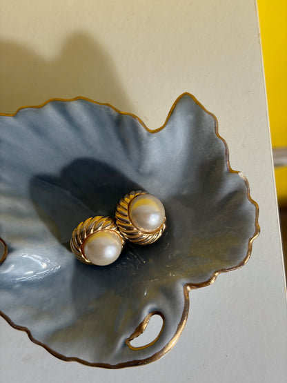 VIDE-POCHE FEUILLE PORCELAINE BLEU-GRIS OR ZECCHINO 🍃🩵