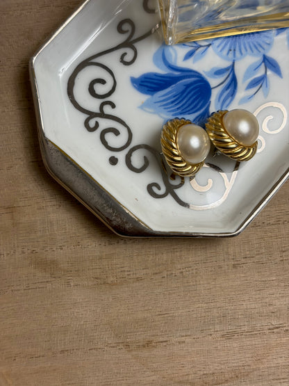 PETIT VIDE-POCHE PORCELAINE OCTOGONAL FLEURS BLEUES & OR | VINTAGE