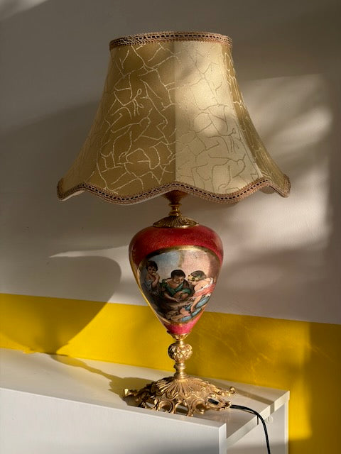 LAMPE URNE PEINTE ABAT-JOUR CRAQUELÉ VINTAGE