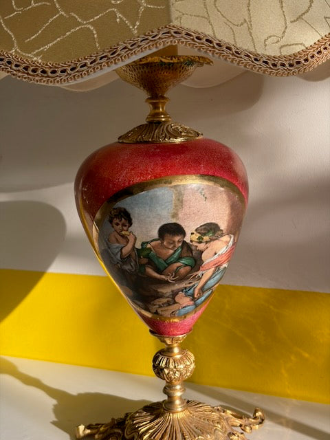 LAMPE URNE PEINTE ABAT-JOUR CRAQUELÉ VINTAGE