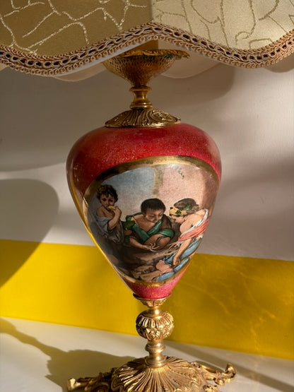 LAMPE URNE PEINTE ABAT-JOUR CRAQUELÉ VINTAGE