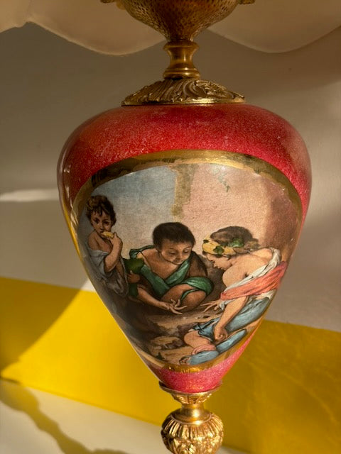LAMPE URNE PEINTE ABAT-JOUR CRAQUELÉ VINTAGE