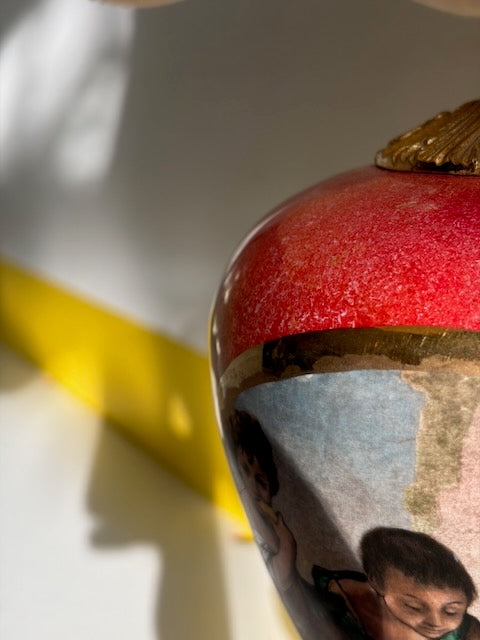 LAMPE URNE PEINTE ABAT-JOUR CRAQUELÉ VINTAGE