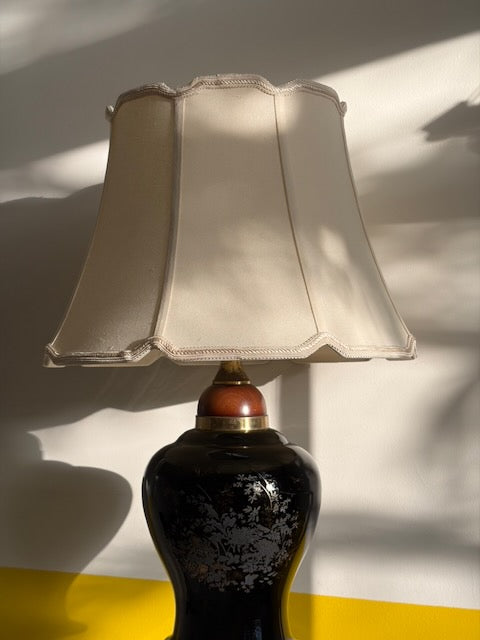 LAMPE POTICHE NOIRE ABAT-JOUR FESTONNÉ VINTAGE 🖤