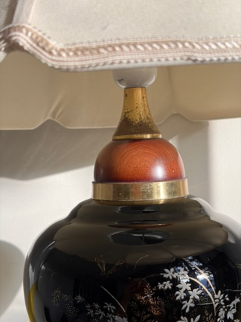LAMPE POTICHE NOIRE ABAT-JOUR FESTONNÉ VINTAGE 🖤