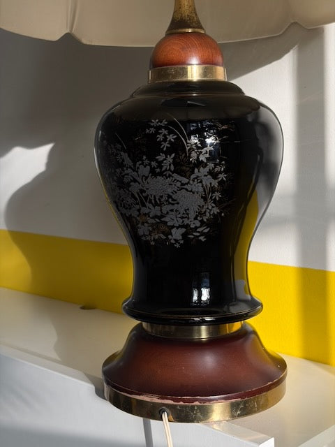 LAMPE POTICHE NOIRE ABAT-JOUR FESTONNÉ VINTAGE 🖤