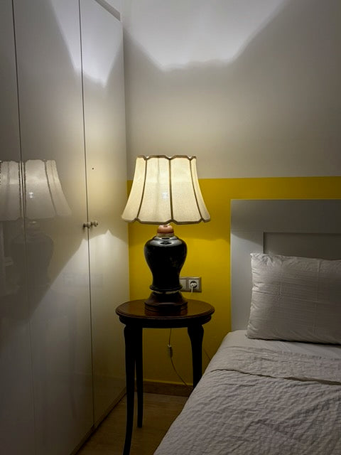 LAMPE POTICHE NOIRE ABAT-JOUR FESTONNÉ VINTAGE 🖤