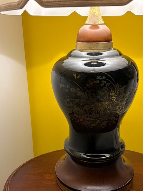 LAMPE POTICHE NOIRE ABAT-JOUR FESTONNÉ VINTAGE 🖤