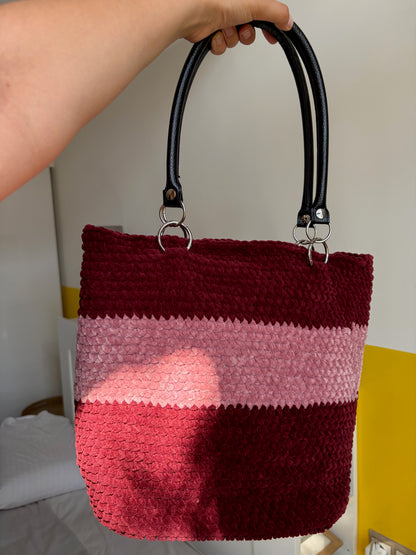 SAC TOTE CROCHET VELOURS BORDEAUX & ROSE 🍒🩷
