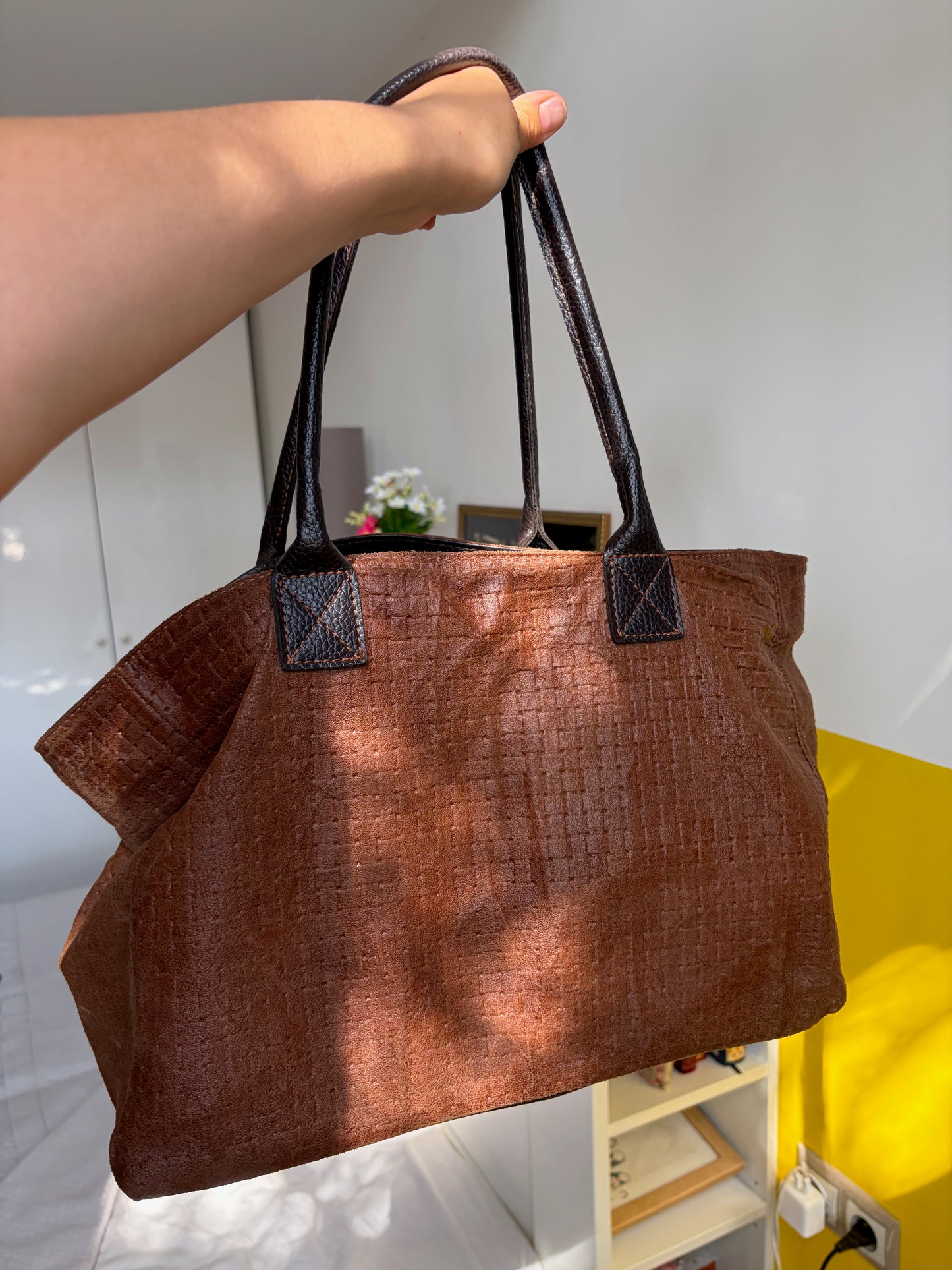 GRAND CABAS CUIR VELOURS BRUN TRESSÉ | VINTAGE