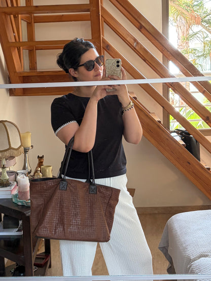 GRAND CABAS CUIR VELOURS BRUN TRESSÉ | VINTAGE