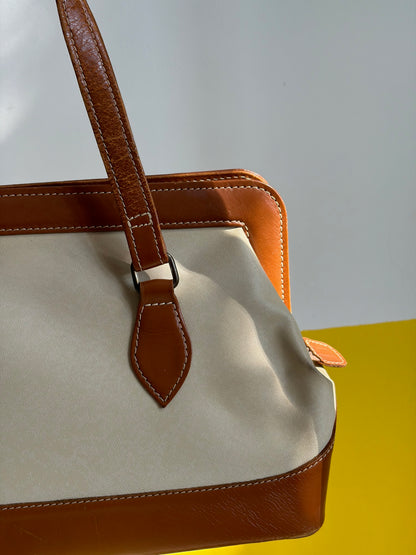 SAC RIGIDE TOILE ÉCRUE & CUIR CAMEL SERRURE LAITON