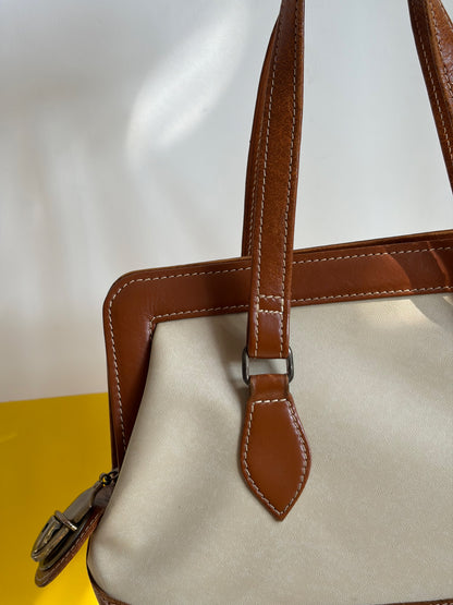SAC RIGIDE TOILE ÉCRUE & CUIR CAMEL SERRURE LAITON