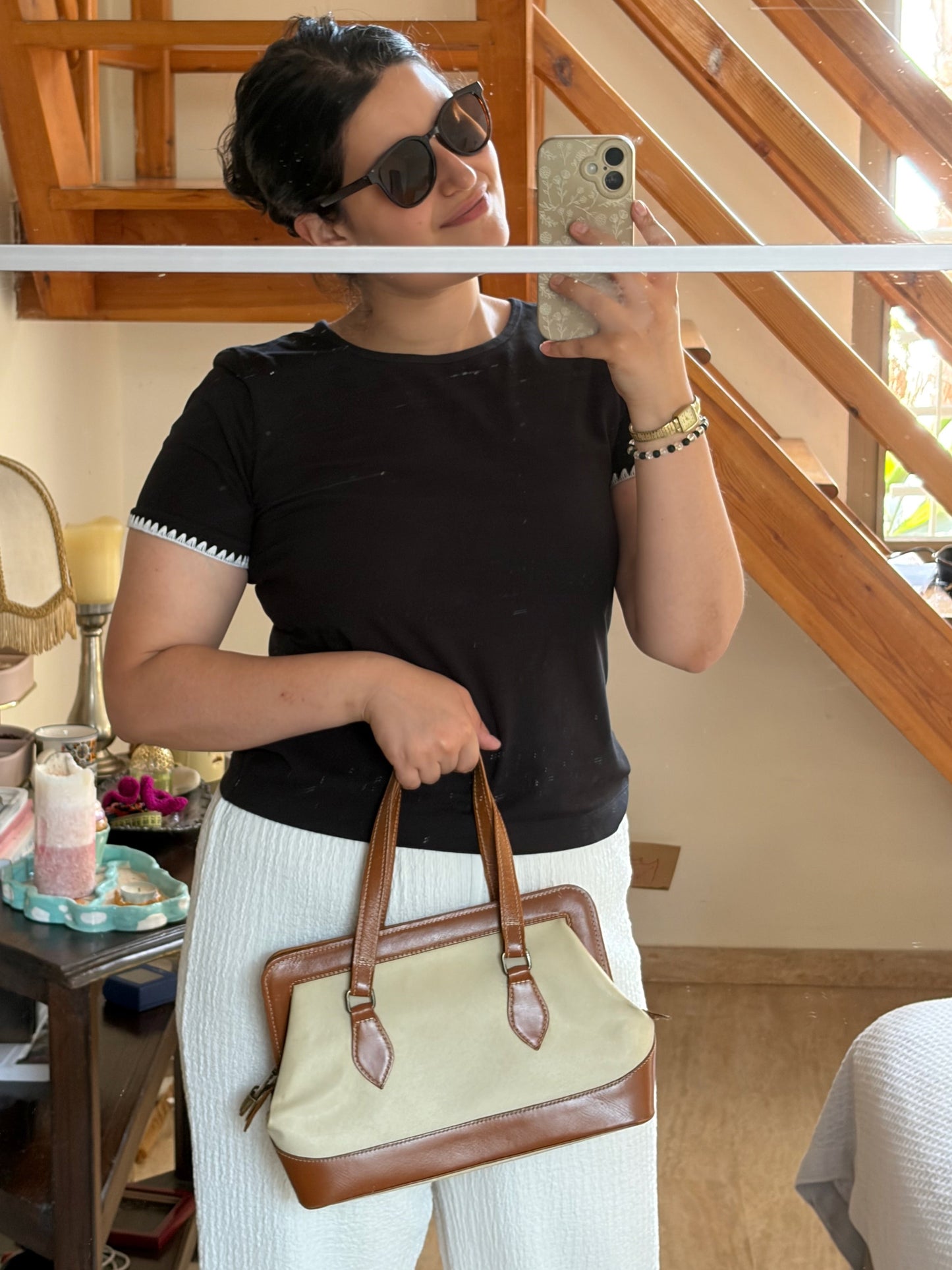 SAC RIGIDE TOILE ÉCRUE & CUIR CAMEL SERRURE LAITON