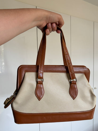 SAC RIGIDE TOILE ÉCRUE & CUIR CAMEL SERRURE LAITON